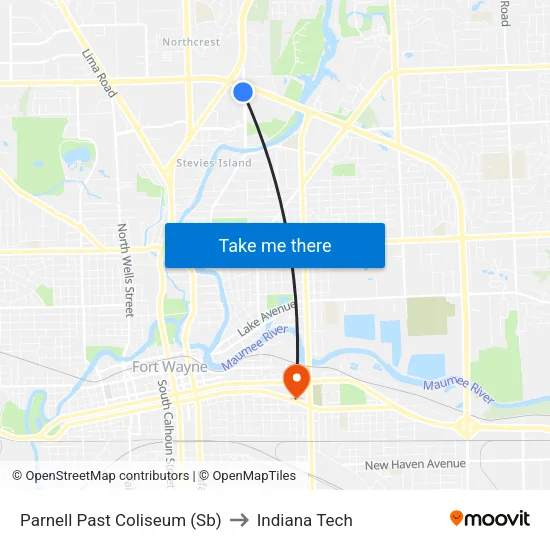Parnell Past Coliseum (Sb) to Indiana Tech map