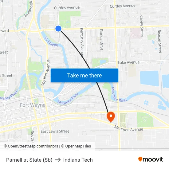 Parnell at State (Sb) to Indiana Tech map