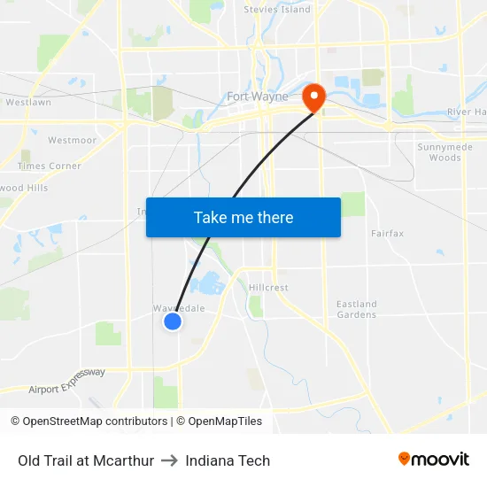 Old Trail at Mcarthur to Indiana Tech map