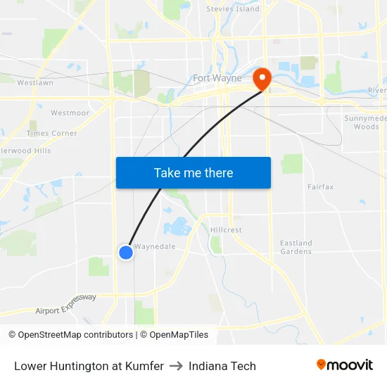 Lower Huntington at Kumfer to Indiana Tech map