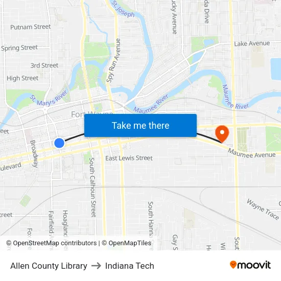 Allen County Library to Indiana Tech map