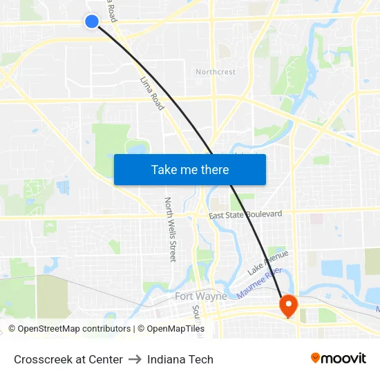 Crosscreek at Center to Indiana Tech map