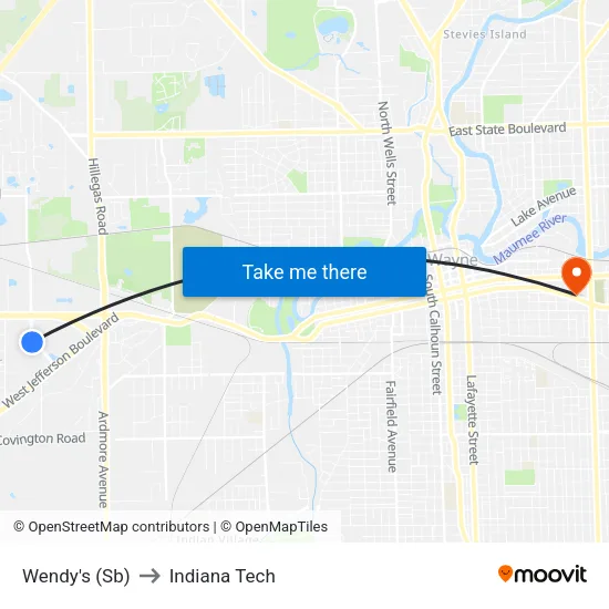 Wendy's (Sb) to Indiana Tech map