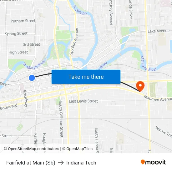 Fairfield at Main (Sb) to Indiana Tech map