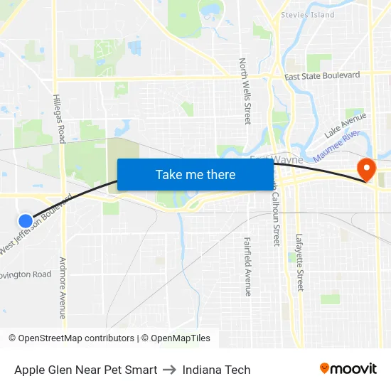 Apple Glen Near Pet Smart to Indiana Tech map