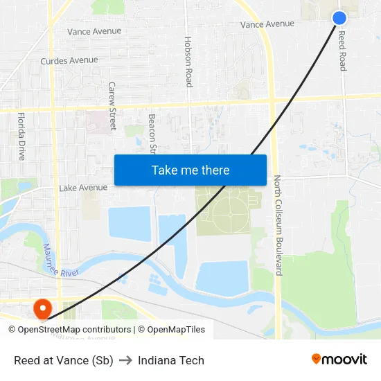 Reed at Vance (Sb) to Indiana Tech map