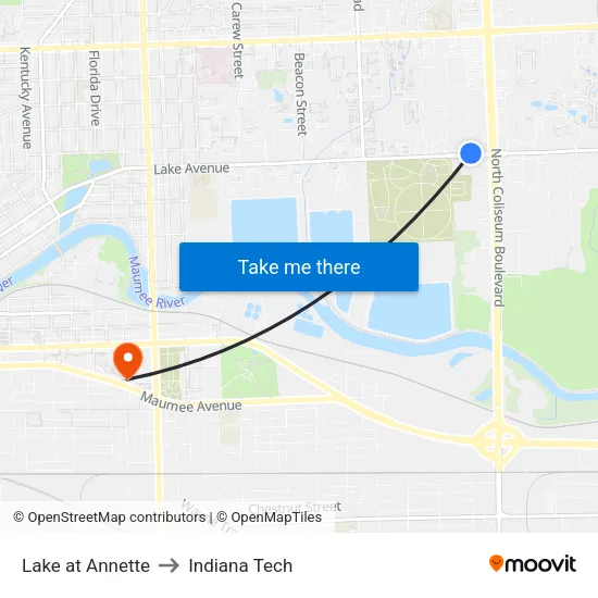 Lake at Annette to Indiana Tech map