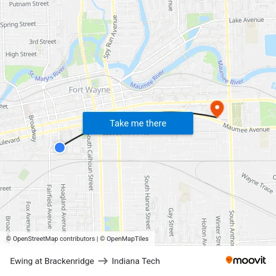 Ewing at Brackenridge to Indiana Tech map