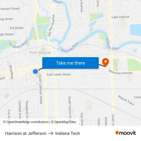 Harrison at Jefferson to Indiana Tech map