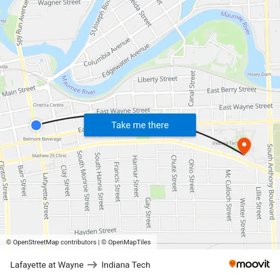 Lafayette at Wayne to Indiana Tech map