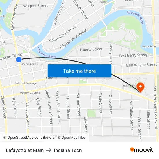 Lafayette at Main to Indiana Tech map