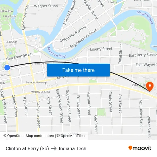Clinton at Berry (Sb) to Indiana Tech map
