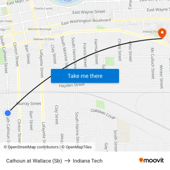 Calhoun at Wallace (Sb) to Indiana Tech map