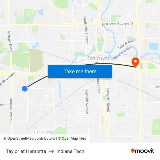 Taylor at Henrietta to Indiana Tech map