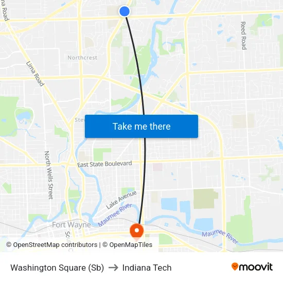 Washington Square (Sb) to Indiana Tech map