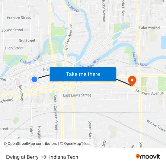 Ewing at Berry to Indiana Tech map
