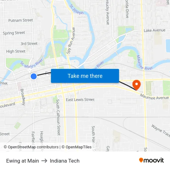Ewing at Main to Indiana Tech map