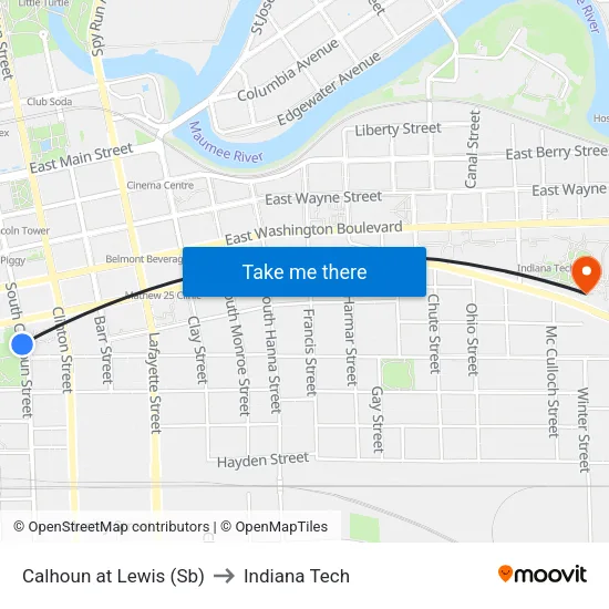 Calhoun at Lewis (Sb) to Indiana Tech map