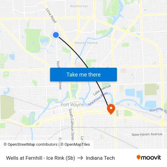 Wells at Ashley Warehouse to Indiana Tech map