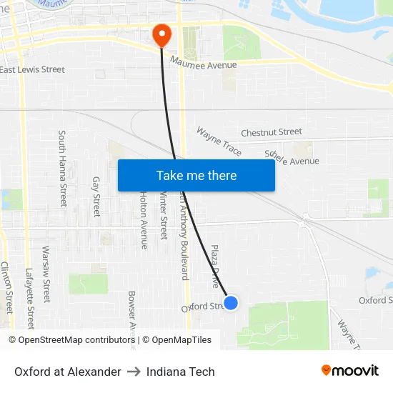 Oxford at Alexander to Indiana Tech map