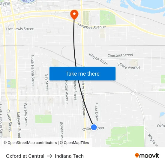 Oxford Past Euclid to Indiana Tech map