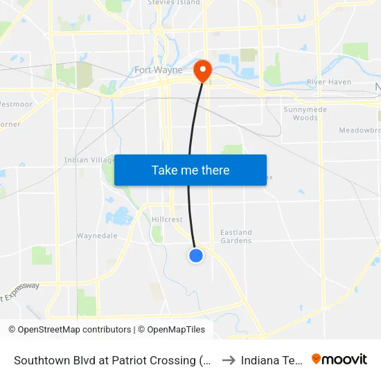 Southtown Blvd at Patriot Crossing (Sb) to Indiana Tech map