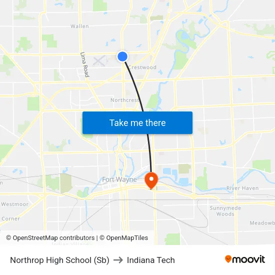 Northrop High School (Sb) to Indiana Tech map