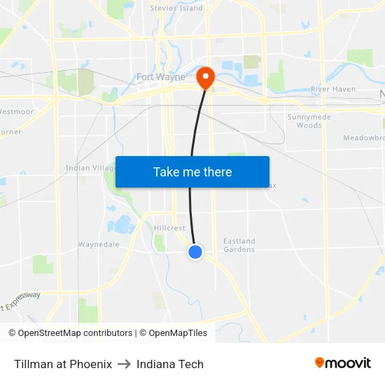 Tillman at Phoenix to Indiana Tech map
