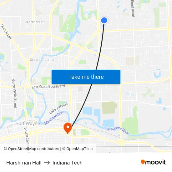 Harshman Hall to Indiana Tech map