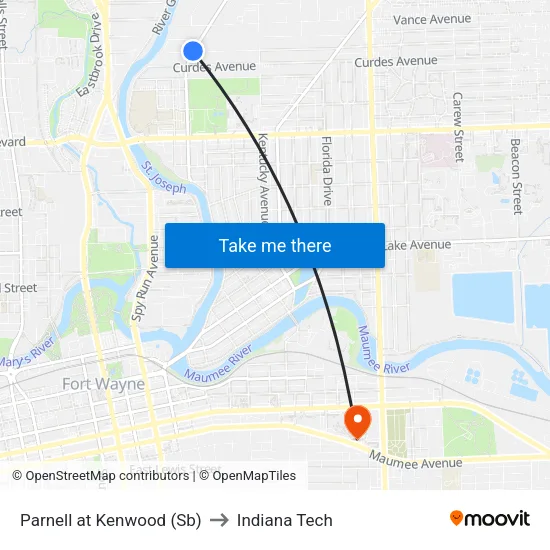 Parnell at Kenwood (Sb) to Indiana Tech map