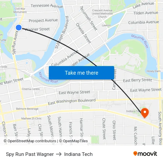 Spy Run Past Wagner to Indiana Tech map