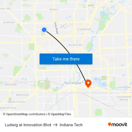 Ludwig at Innovation Blvd to Indiana Tech map