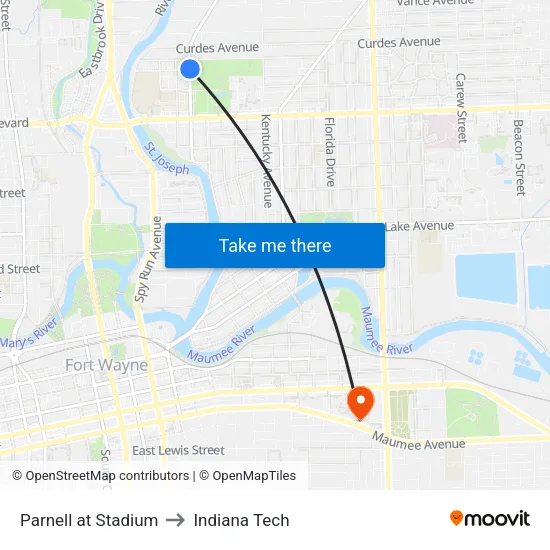 Parnell at Stadium to Indiana Tech map