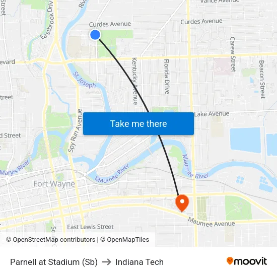 Parnell at Stadium (Sb) to Indiana Tech map