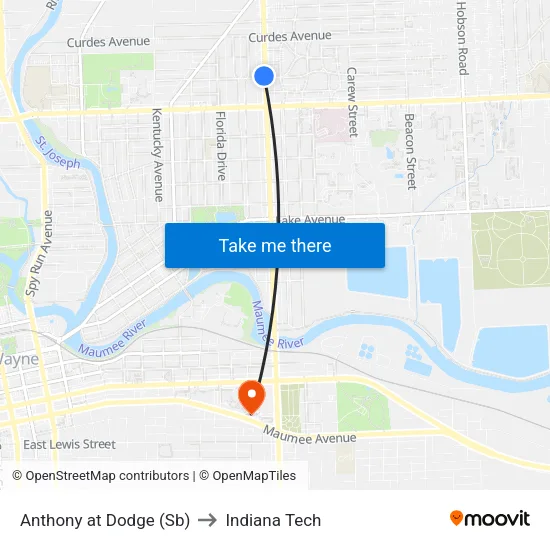 Anthony at Dodge (Sb) to Indiana Tech map