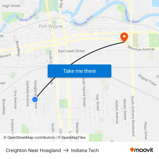 Creighton Near Hoagland to Indiana Tech map