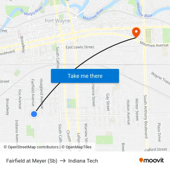 Fairfield Past Meyer (Sb) to Indiana Tech map