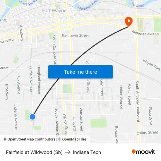 Fairfield at Wildwood (Sb) to Indiana Tech map