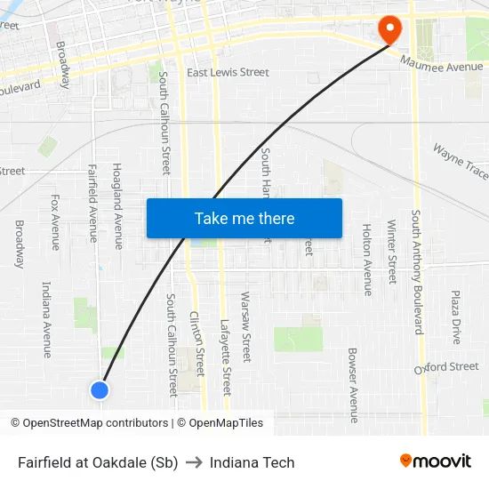 Fairfield at Oakdale (Sb) to Indiana Tech map