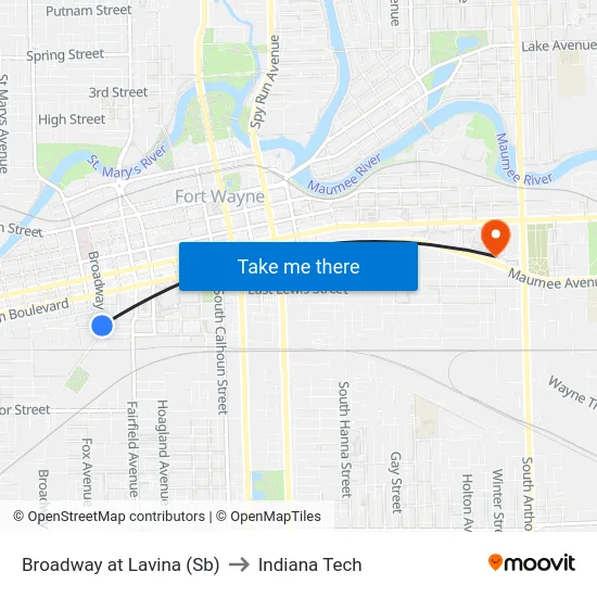 Broadway at Lavina (Sb) to Indiana Tech map