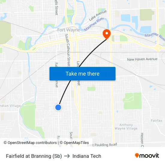 Fairfield at Branning (Sb) to Indiana Tech map