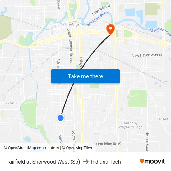 Fairfield at Sherwood West (Sb) to Indiana Tech map