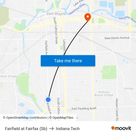 Fairfield at Fairfax (Sb) to Indiana Tech map