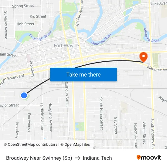 Broadway Near Swinney (Sb) to Indiana Tech map