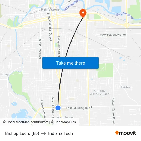 Bishop Luers (Eb) to Indiana Tech map