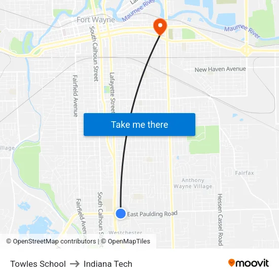 Towles School to Indiana Tech map