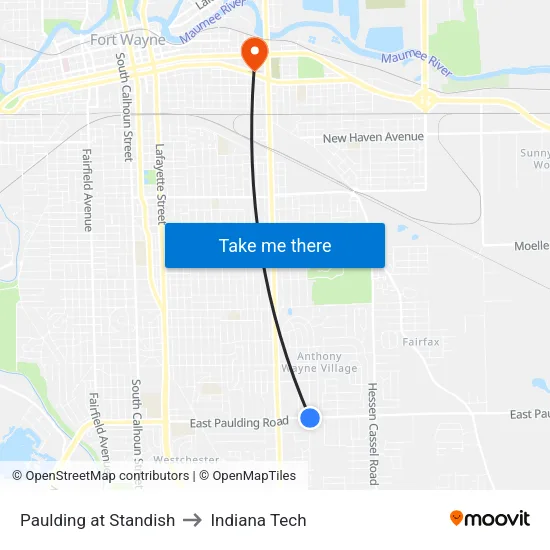 Paulding at Standish to Indiana Tech map