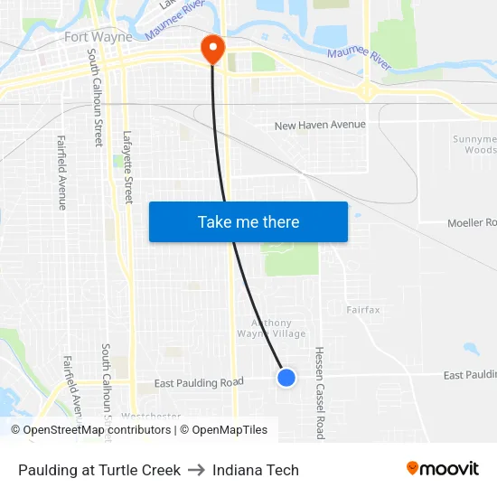 Paulding at Turtle Creek to Indiana Tech map