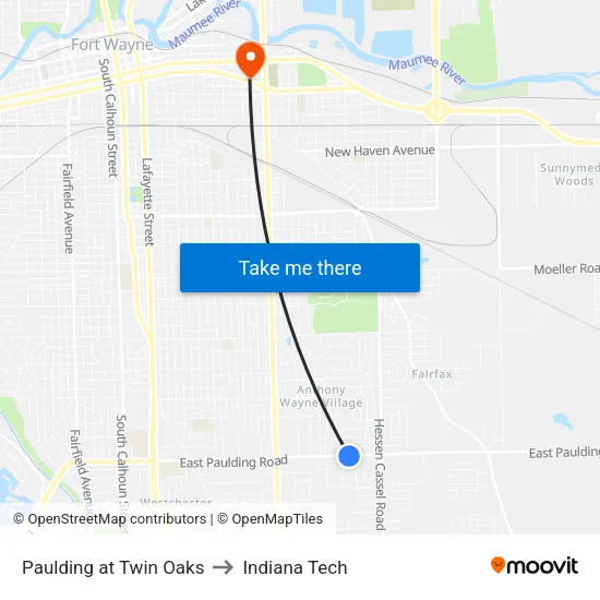 Paulding at Twin Oaks to Indiana Tech map