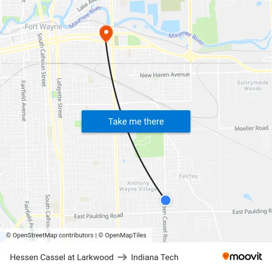 Hessen Cassel at Larkwood to Indiana Tech map
